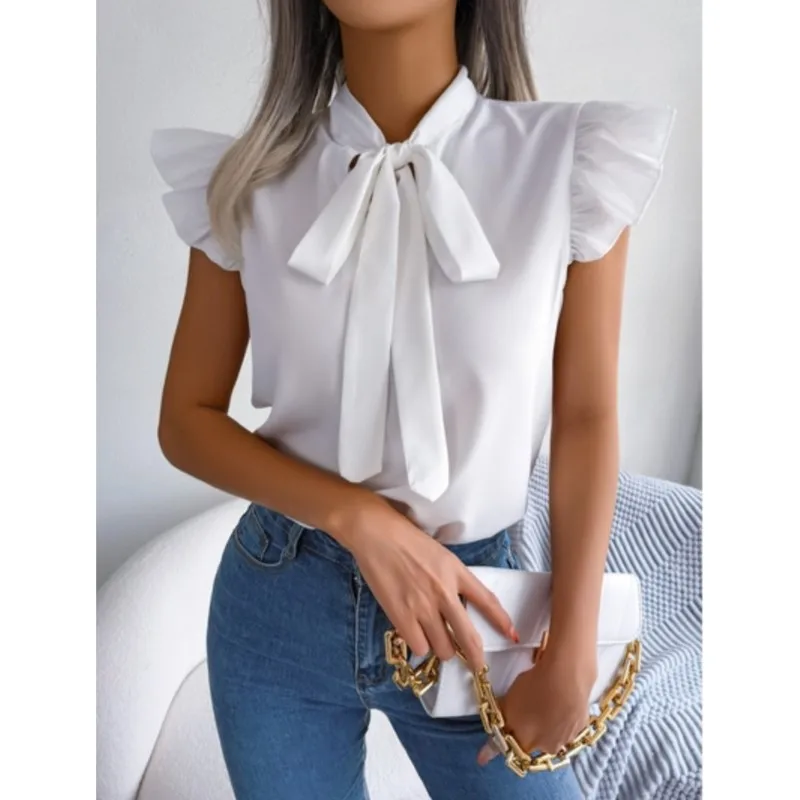 Solid Color Blouses Top Simple Bow Short Sleeved Shirt Ladies Lace Sleeve Women Early Spring/Summer Shirt