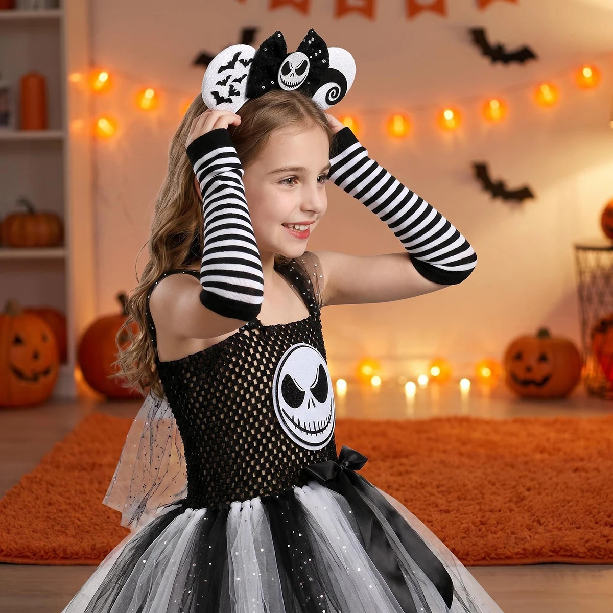 Nightmare Before Christmas Jack Kostüm Mädchen Halloween Skelett-Tutu-Kleid Kinder Cosplay Schwarz-Weiß Geister-Grusel-Outfits – Detail 6