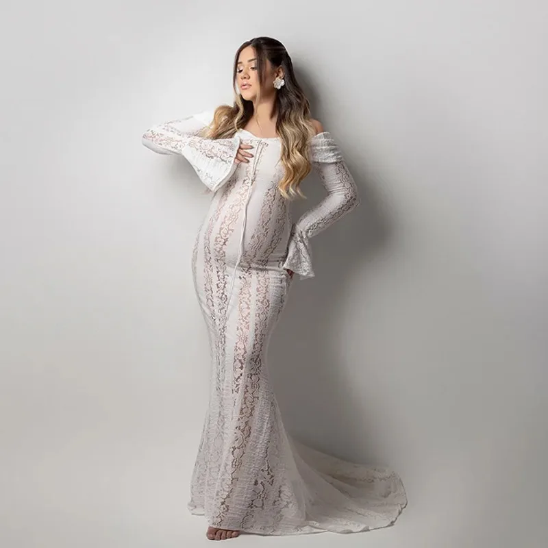 Ausgeschnittenes, elastisches, schulterfreies Kleid mit ausgestellten Ärmeln, Baby-Shower-Kleid, Fotografie-Kleid für Schwangere, Spitzen-Umstandskleid
