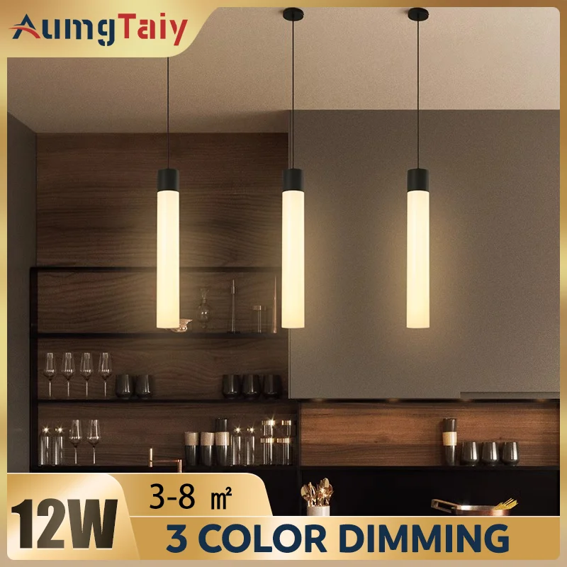 Nordic LED Chandelier Pendant Light Gold Cylindrical Long Tube Lamp for Restaurant Kitchen Island 360 Degree Luminous