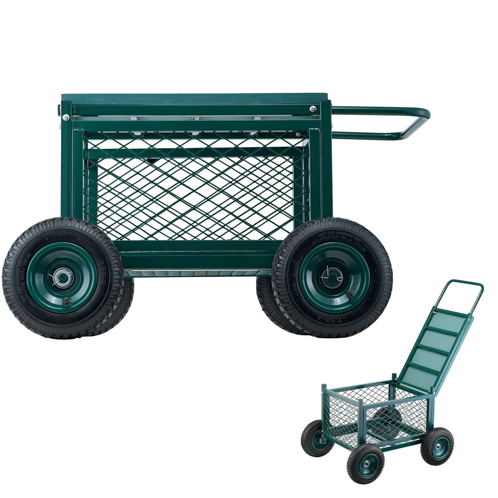 Rolling Garden Cart with Seat, Metal Work Wheels, Supports up to 400 LBS, Heavy Duty Scooter, Outdoor Wagon & Stool on for Lawn