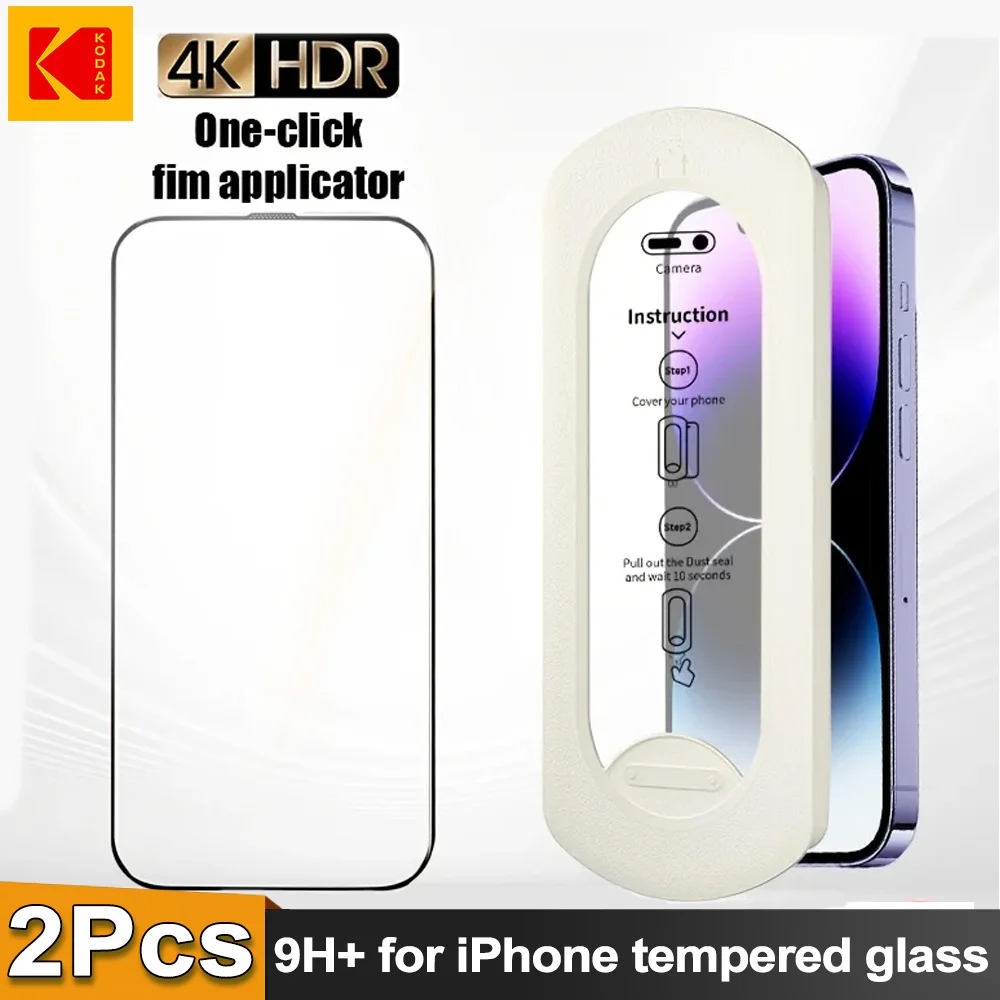 

KODAK 2Pcs HD for iPhone 16/Plus Pro Max Tempered Glass with One-click Film Applicator Full Cover Tempered Film