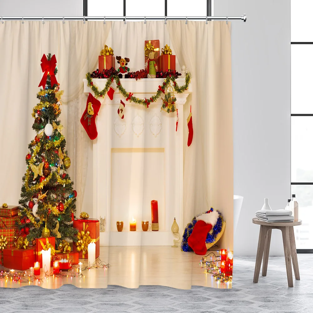 Vintage Fireplace Christmas Shower Curtains Xmas Tree Gift New Year Wall Hanging Home Bathroom Decor Polyester Fabric With Hooks