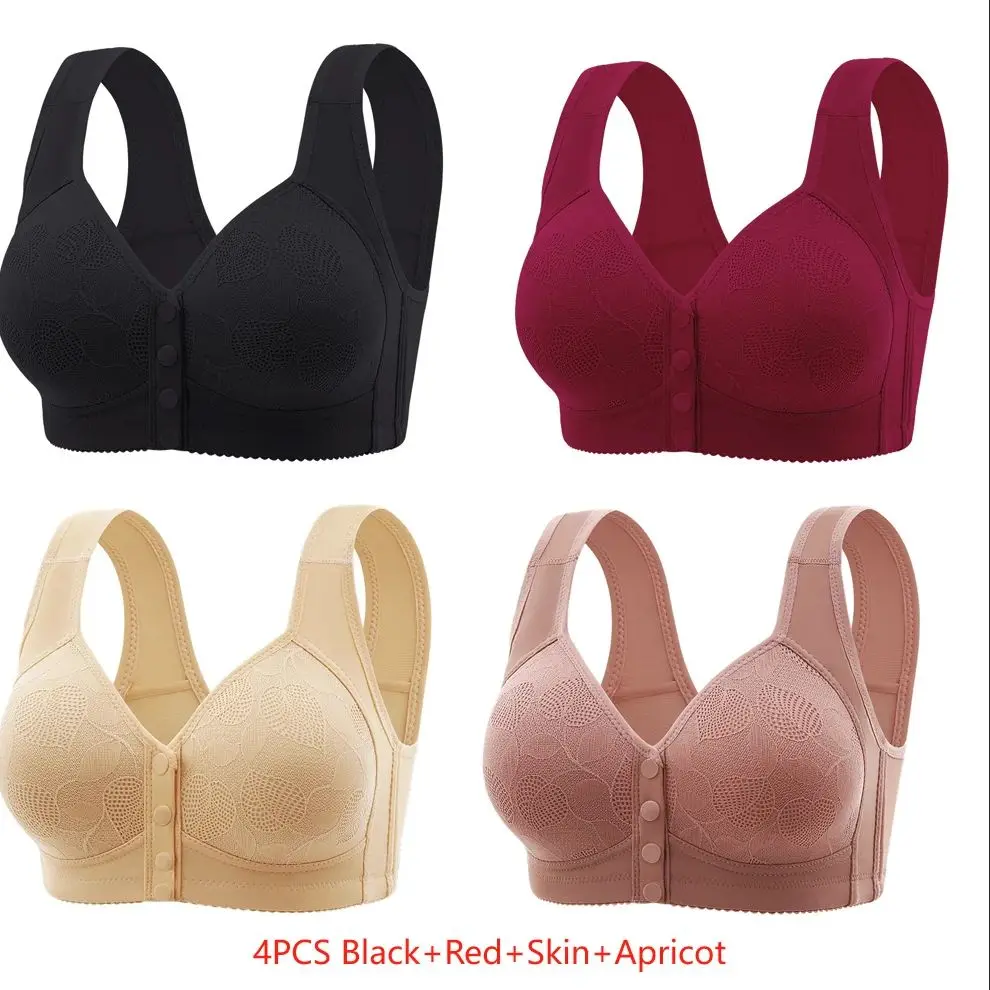 4PCS Thin Print Fixed Cup Front Open Button Kids Youth Vest Bra Comfortable Without Steel Ring Gathered Vest Style Women's Bra
