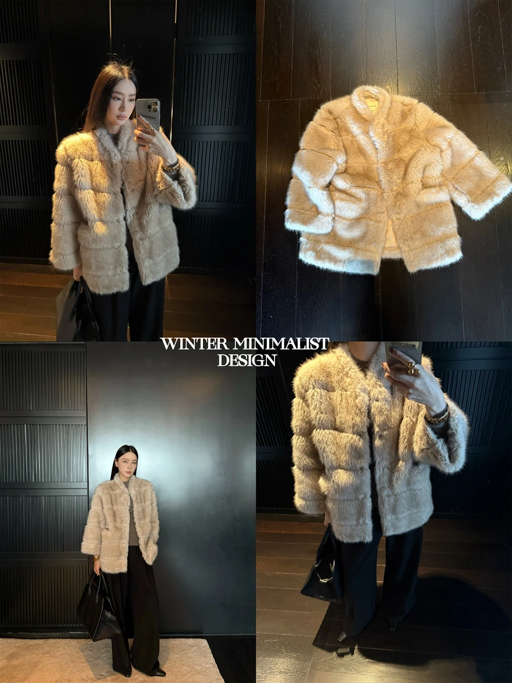 A slim and eco-friendly fur coat made of faux mink with 9-quarter sleeves