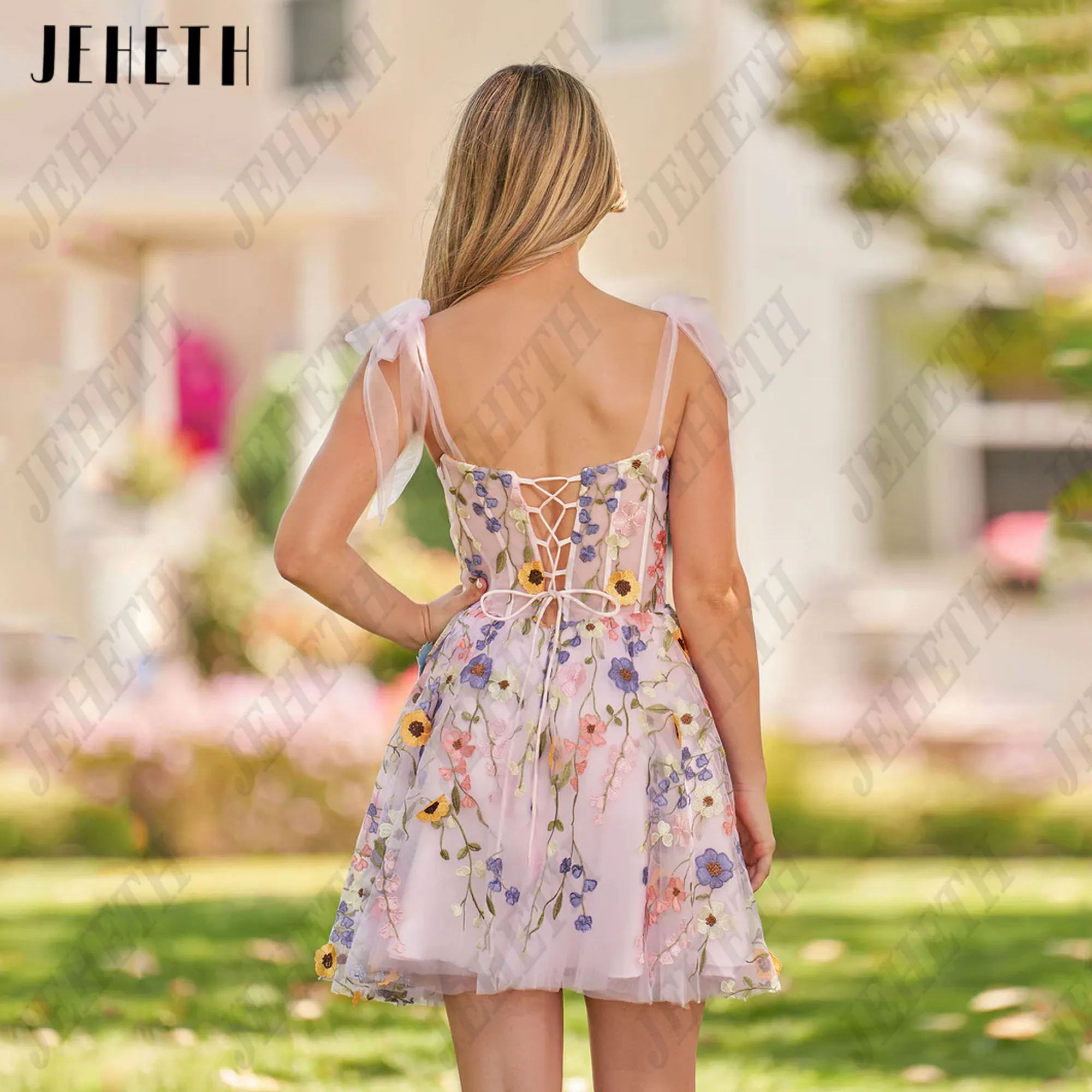 JEHETH Fairy Lace Midi Prom Dresses 3D Flowers Evening Gowns For Women Embroidery Spaghetti Straps A-Line Graduation Gowns