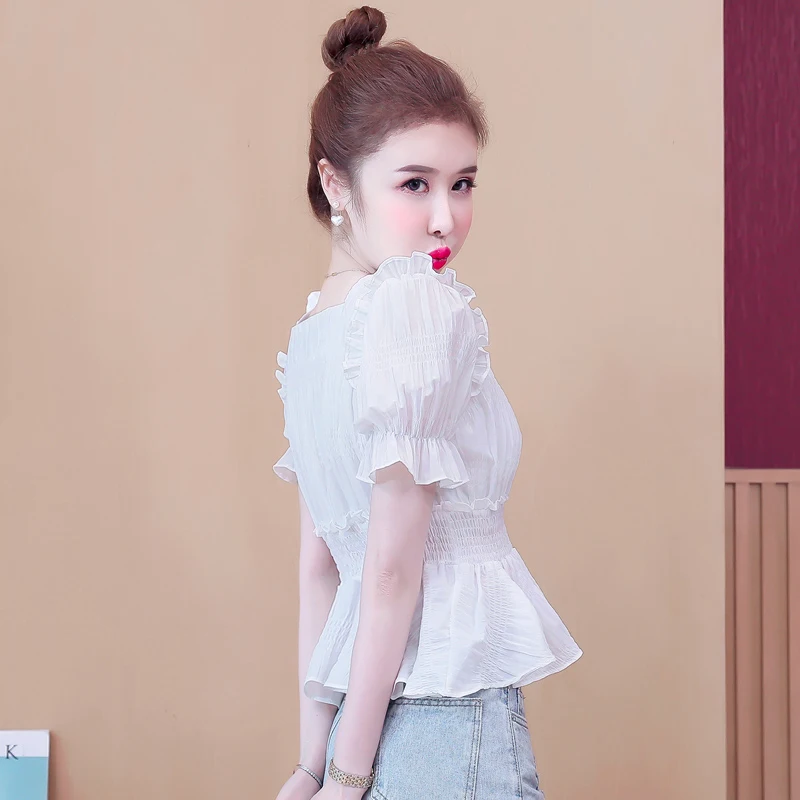 

Модная женская шифоновая блузка с коротким рукавом, квадратным воротником, приталенная, с эффектом утяжки талии, летняя новинка