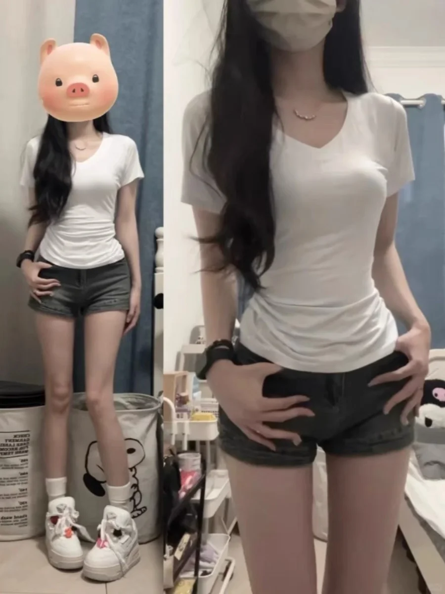 White V-Ne ort Sve T-irt Women's Summer New Sle Slim Fit Base irt Waist Cinching Hot Girl Commute Sle Korean V...