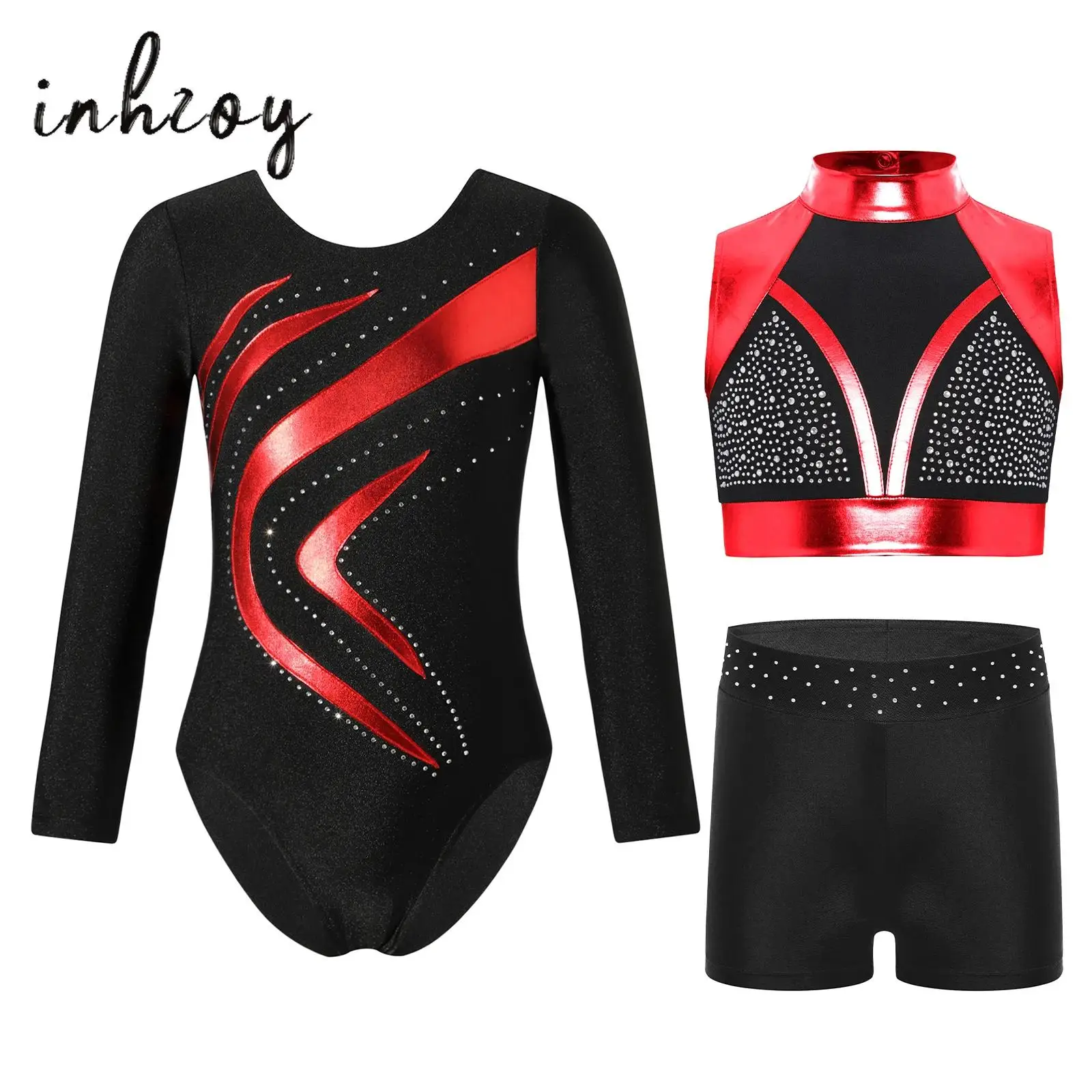 

3Pcs/Set Kids Girls Gymnastics Dance Outfit Long Sleeve Metallic Shiny Leotard+Shiny Rhinestones Metallic Tank Crop Top+Shorts