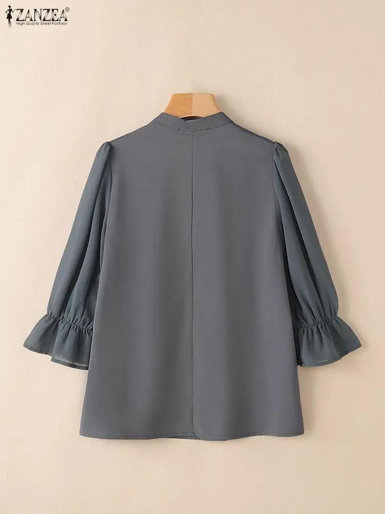 ZANZEA بلوزات نسائية أنيقة أنيقة بياقة الماندرين وتفاصيل مطوية 3/4 كم منتفخ نصف بلاكيت بلون واحد قطع علوية للسيدات S-3XL #4