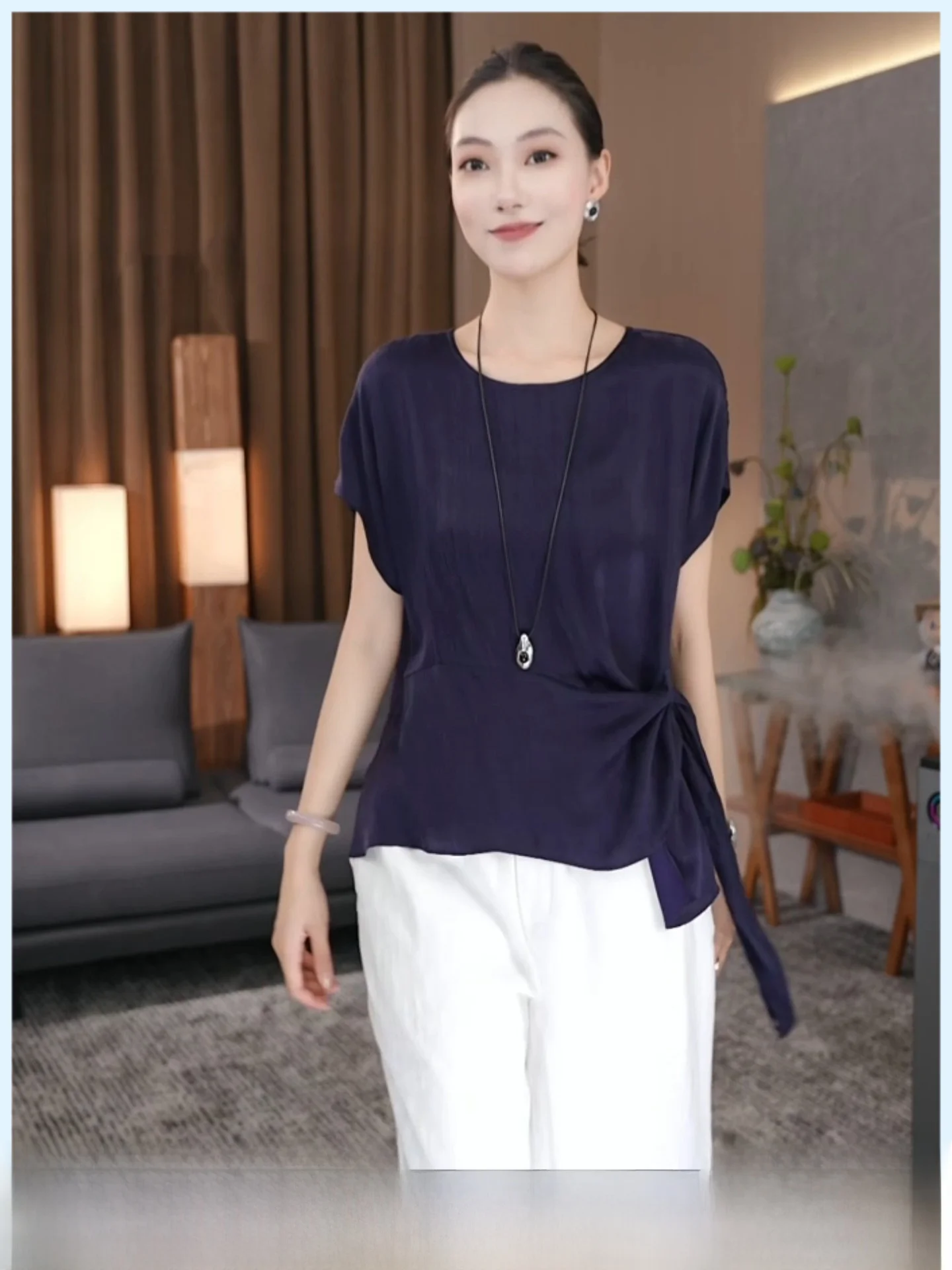 

Fashionable round Neck T-Shirt Women's Summer New Style Knot Slimming Top Short Sleeve Casual Loose Fit Sweat Absorbing Pure ...