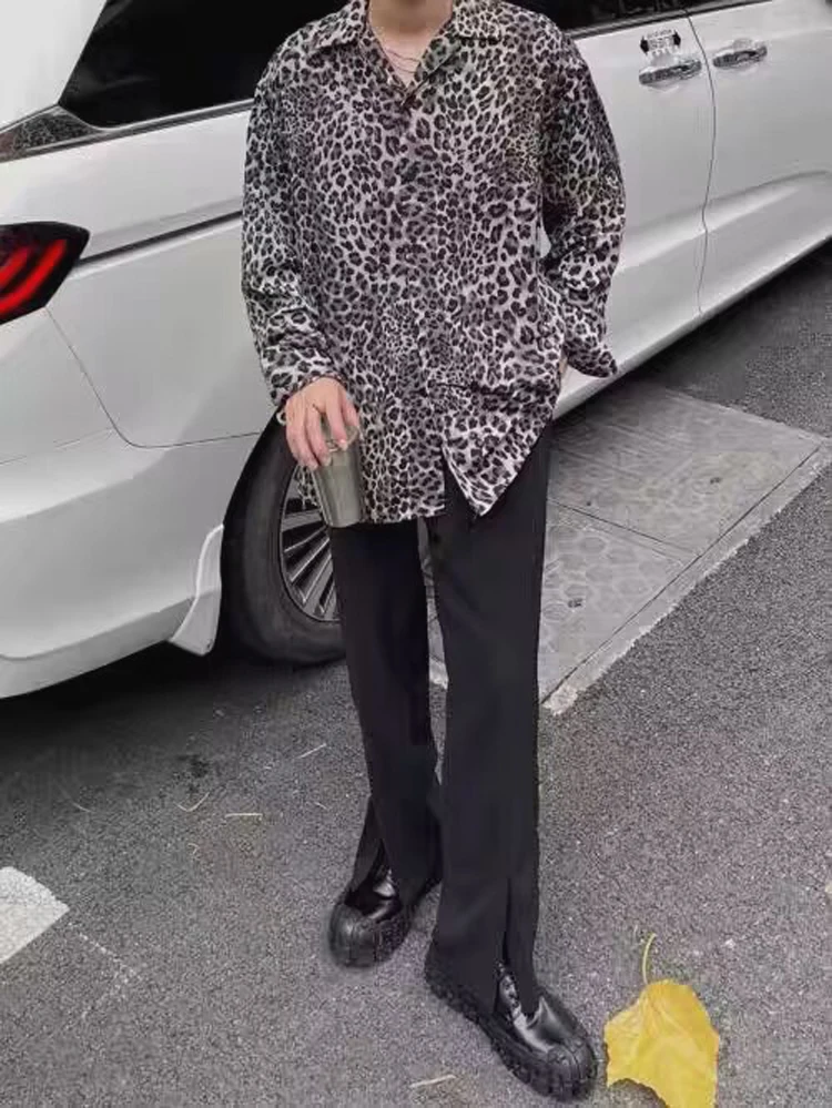 

Vintage Leopard Print Men's Loose Long Sve irt Casual Sle Faionable Autumn Spring Season Regular Fit Youth irt