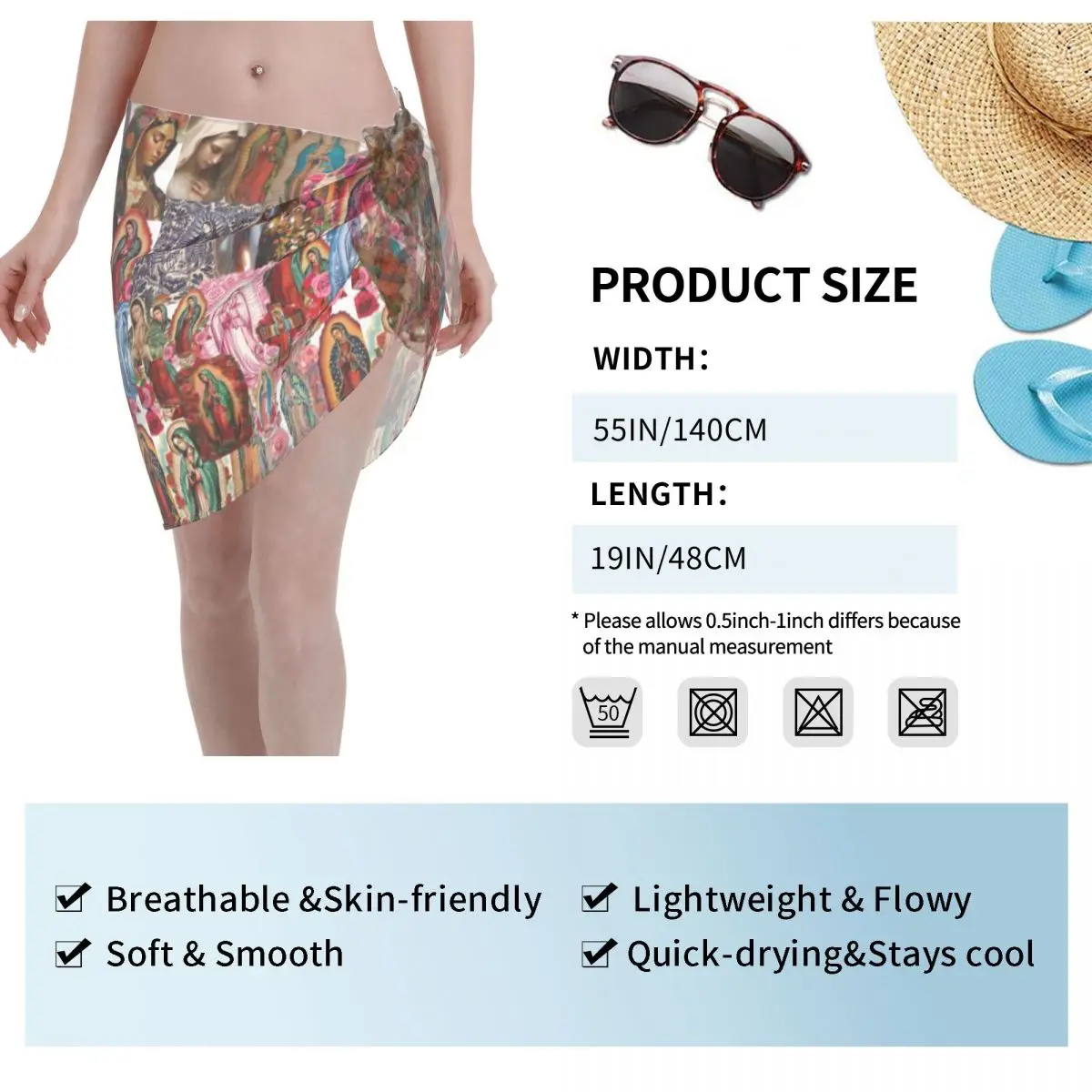 مخصص لملابس السباحة سيدة غوادالوبي مريم العذراء قصيرة Sarongs الشاطئ التفاف المرأة بيكيني للشاطئ التفاف Sarongs ملابس السباحة التستر