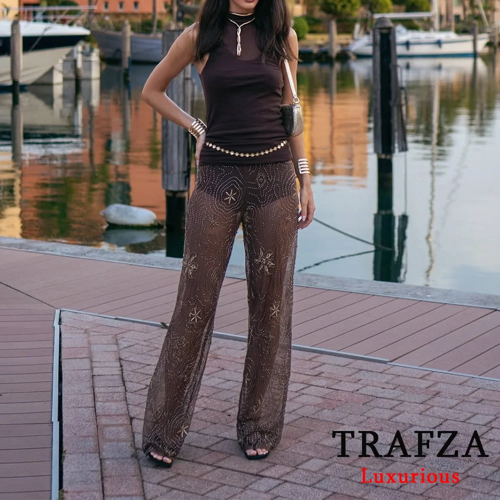 TRAFZA Sexy Chic Women Transparent Pants Sequins Straight Wide Leg Pants Fashion 2025 Spring Summer Holiday Party Trousers image 6