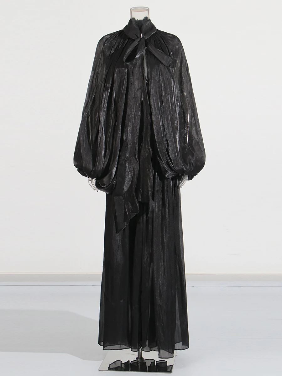 فساتين أنيقة أنيقة الصلبة للنساء الوقوف طوق كم طويل عالية الخصر المرقعة الدانتيل يصل فساتين الإناث نمط جديد #3