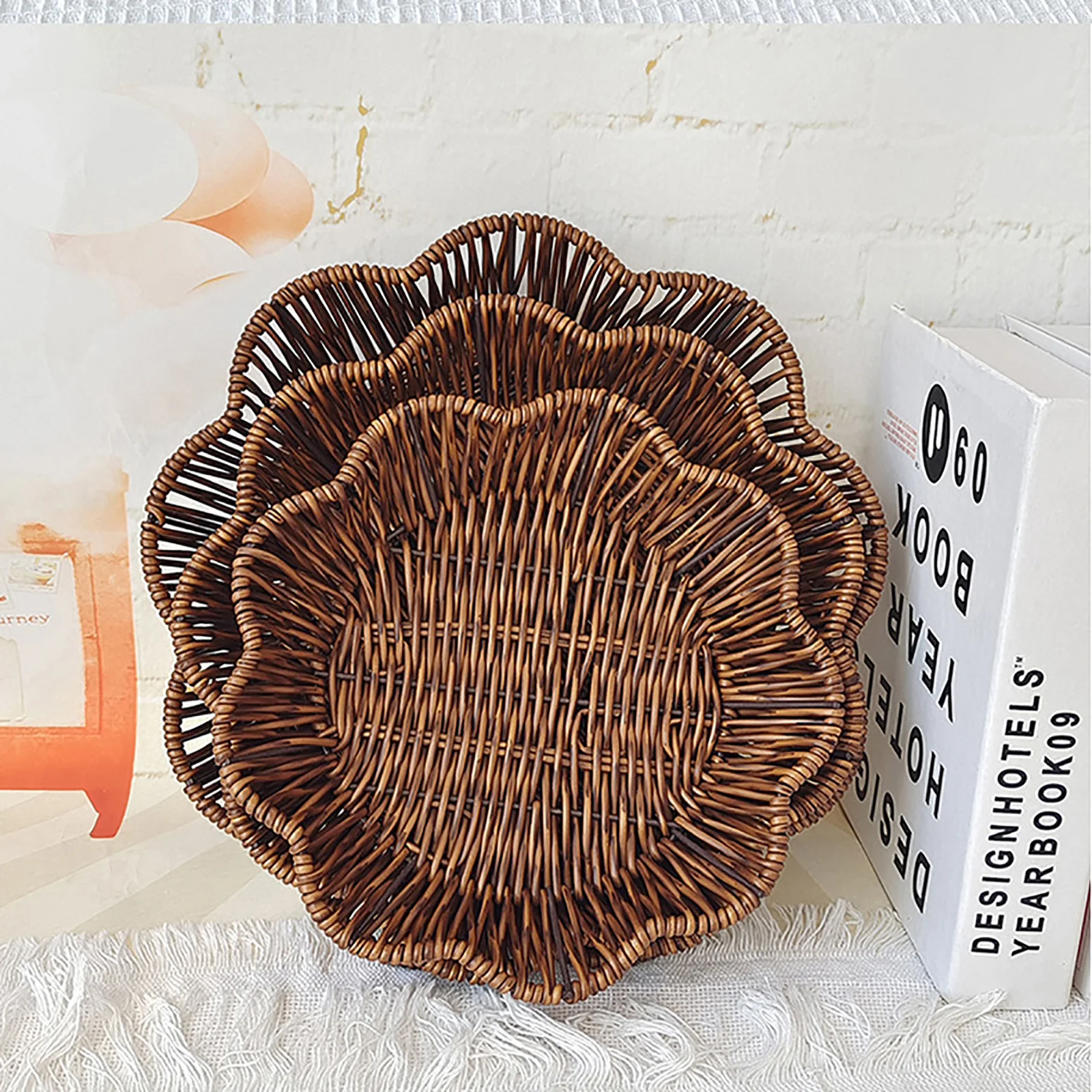 2pcs/set Woven Basket Imitation Rattan Woven Serving Baskets for Bread Fruit Vegetables Restaurant Serving Tabletop Display Ratt