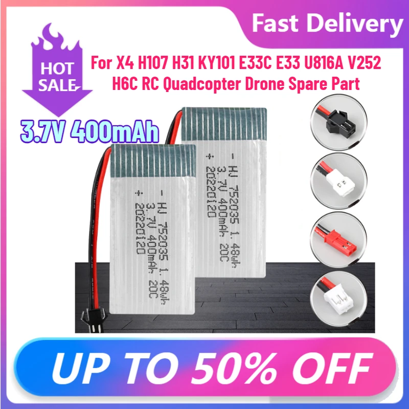 

Lipo Battery and Battery Charger 3.7V 400mAh 35C for X4 H107 H31 KY101 E33C E33 U816A V252 H6C RC Quadcopter Drone Spare Part