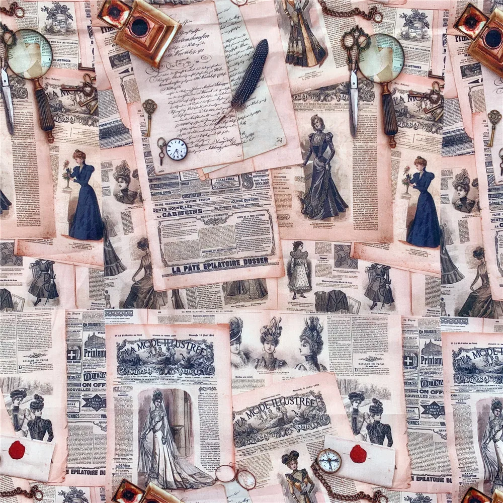 width145cm Vintage newspaper lady Print Polyester Cotton Fabric Handmade Patchwork Cloth Sewing Quilting Needlework DIY Material