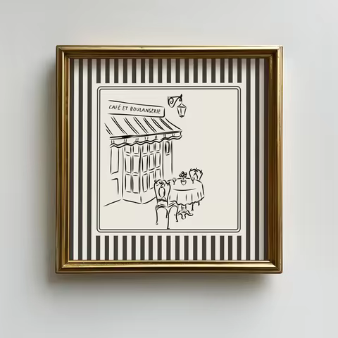 Black and White Striped French Cafe Print, Minimalist Illustration, Digital Downloads, Art Print, Gift Idea, Aesthetic