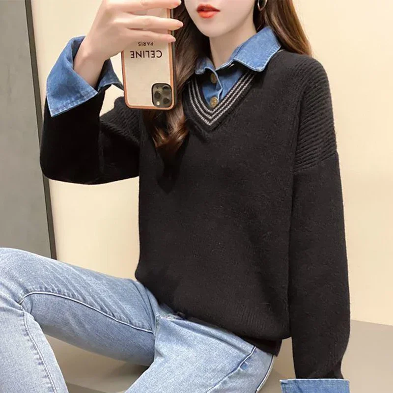 Autumn Winter Fake Two Piece Denim Spliced Casual Sweater Female Long Sleeve All-match Knitting Pullover Korean Style Jumper Top