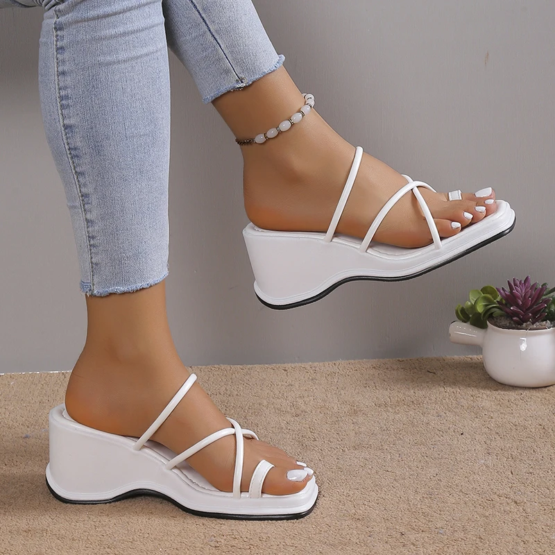 Women\'s White Wedge Sandals Summer 2023 Ring Toe Cross Strap Gladiator Sandals Woman Non Slip Platform Beach Slippers Plus Size