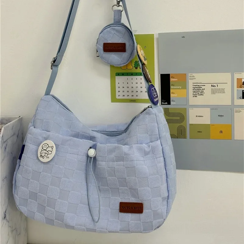 Bolso cruzado de estilo Harajuku para la universidad, bandolera de hombro de gran capacidad con estampado de cuadros de Color sólido, bonito bolso de diseñador de moda