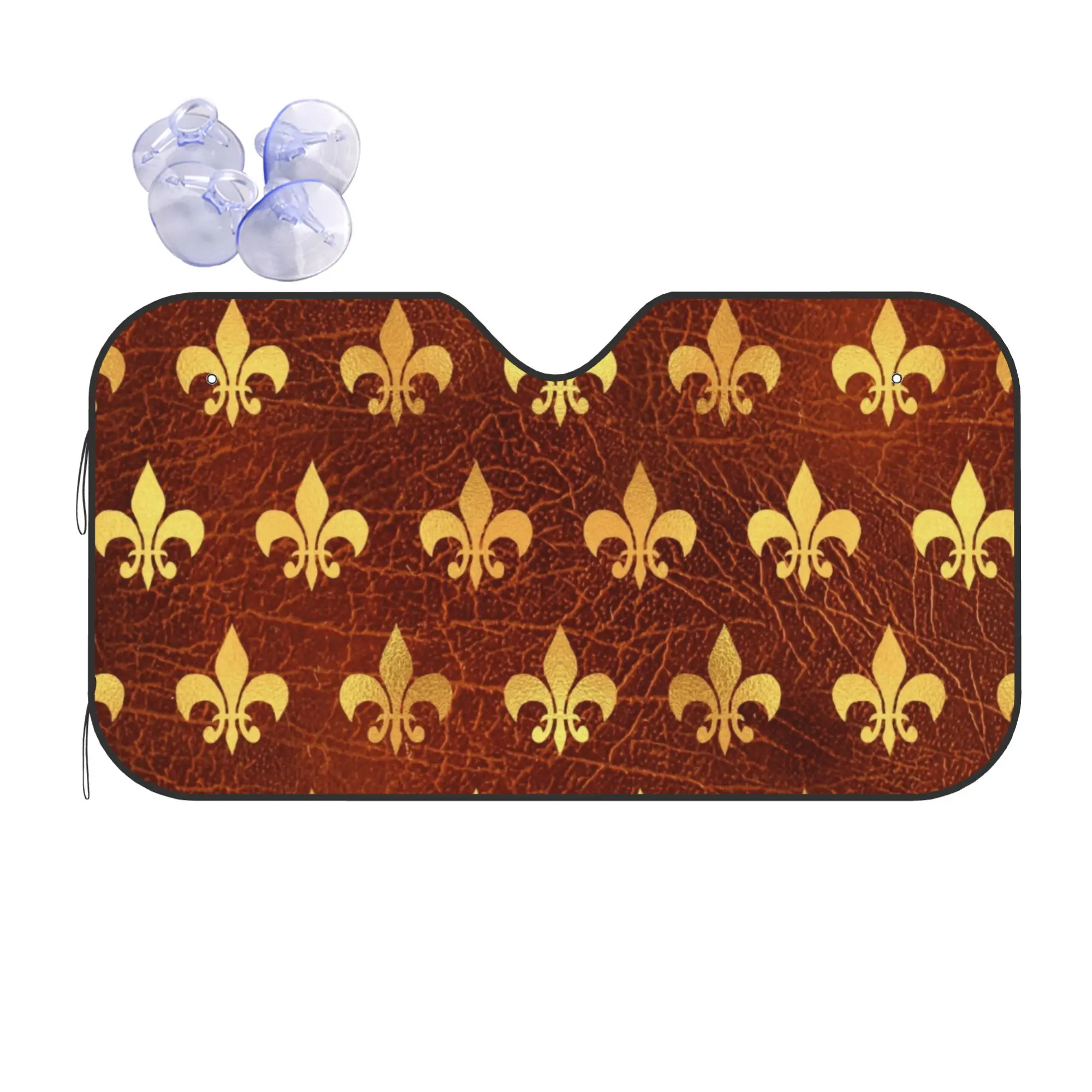 Windshield Sun Shade Car Royal Gold Brown Leather Fleur De Lis Solar Reflector Protector Visor Screen Cover Vehicle Windscreen
