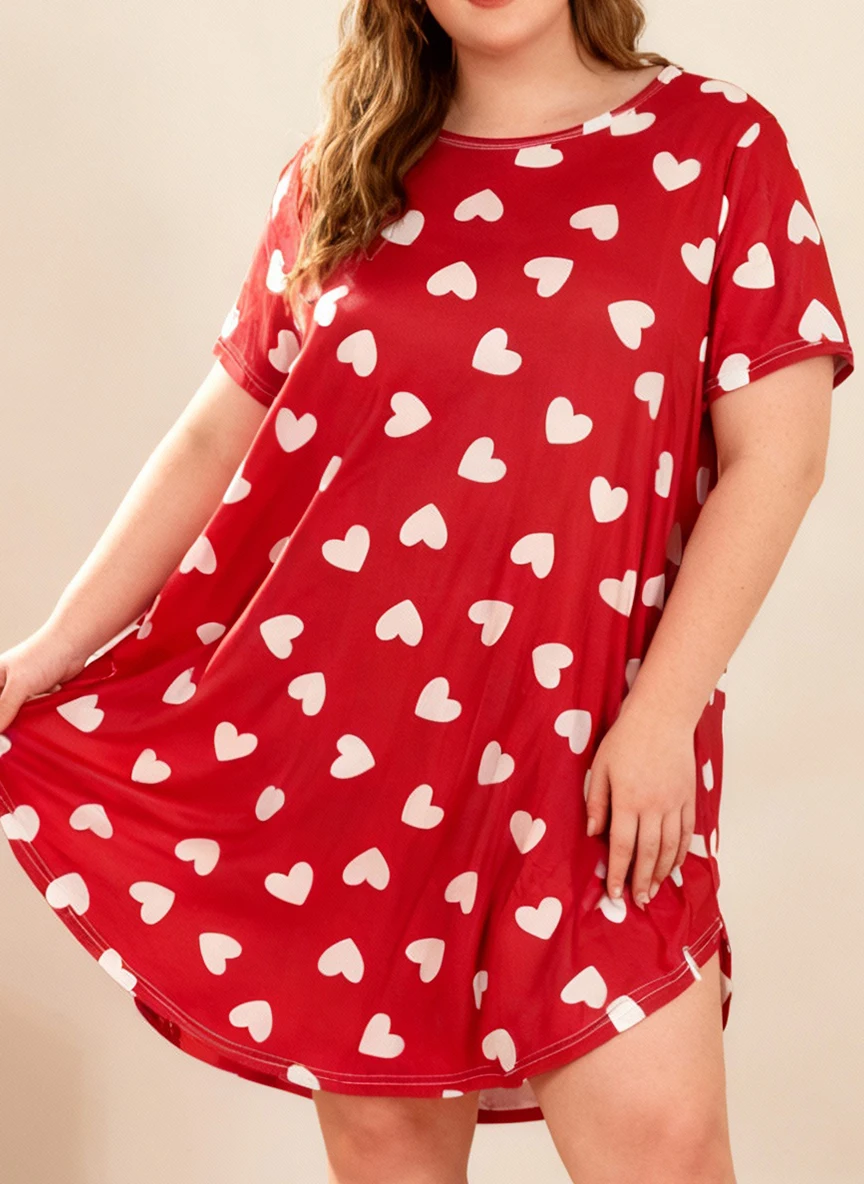 Plus Size Women's Spring Summer Heart Print Short Sleeve Round Neck Nightgown Dress