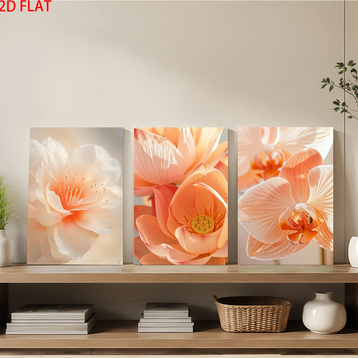Frameless canvas 2D Flat 3pc Wood Frame Canvas Wall Art – Three canvas paintings of peach flowers lotus and orchid perfect fo