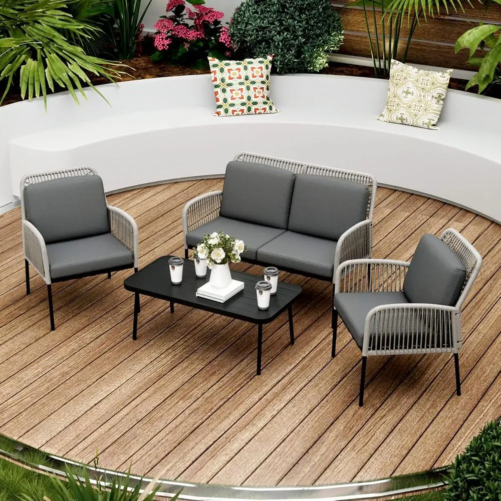 

All-Weather Wicker Patio Furniture Set with 2 Chairs, Loveseat, Sofa, and Side Table in Grey with Cushions