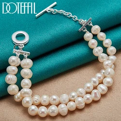 DOTEFFIL 925 Sterling Silver Double Artificial Freshwater Pearl Chian Bracelet For Woman Man Wedding Engagement Party Jewelry