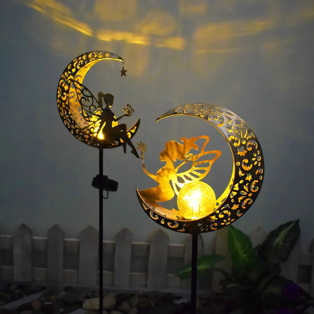 

Outdoor Garden Solar Light Moon Sun Landscape Courtyard Hollow Out Light Antique Iron Art Insertion Projection Atmosphere Light