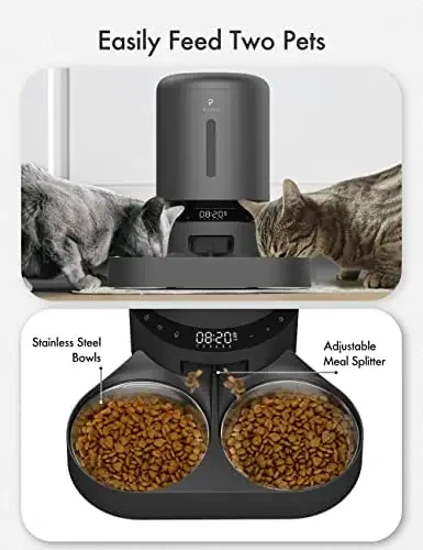 5L Smart Dry Food Feeder Dispenser with Splitter 10s Meal Call and Timer Setting, 50 Portions 6 Meals Per Day for Cat Dog Pet