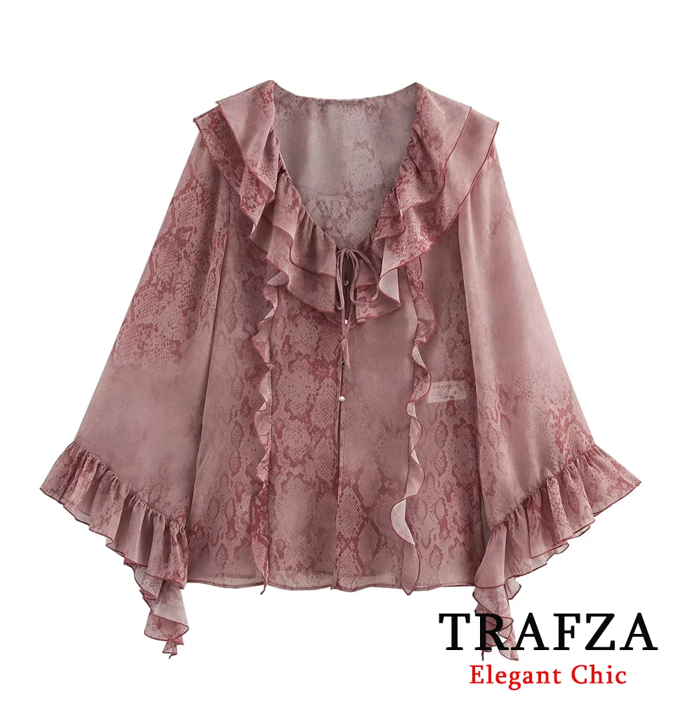 TRAFZA-Women Vintage Romantic Chiffon Cardigan Animal Print Batwing Sleeve Ruffled Blouse New 2025 Spring Summer Glamorous Shirt