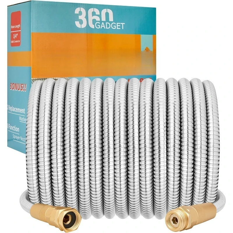 

Hose Metal - 100ft Heavy Duty Stainless Steel Water Hose with 8 Function Sprayer & Metal Fittings, Flexible, Lightweight,