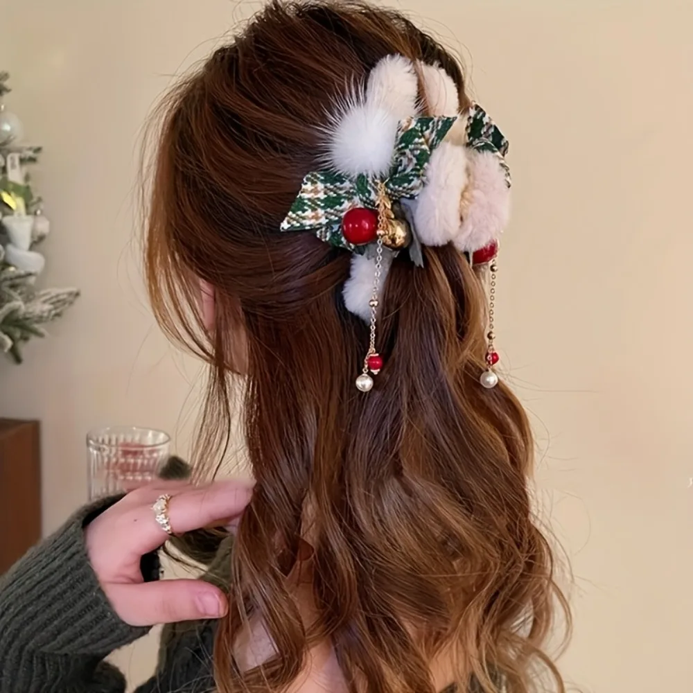 Boho Christmas Hair Clip Plush Bell Tassel Shark Clip for Back of Head Holiday Styling