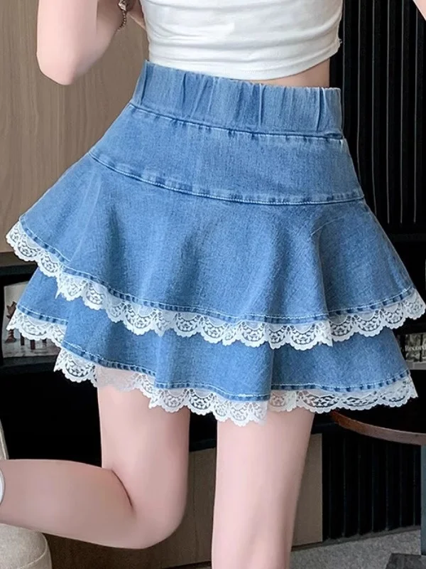 

High Waist A-Line Skirt with Lace Trim Denim Cake Sle ort Skirt for Women Summer New Arrival Nonsar Brand