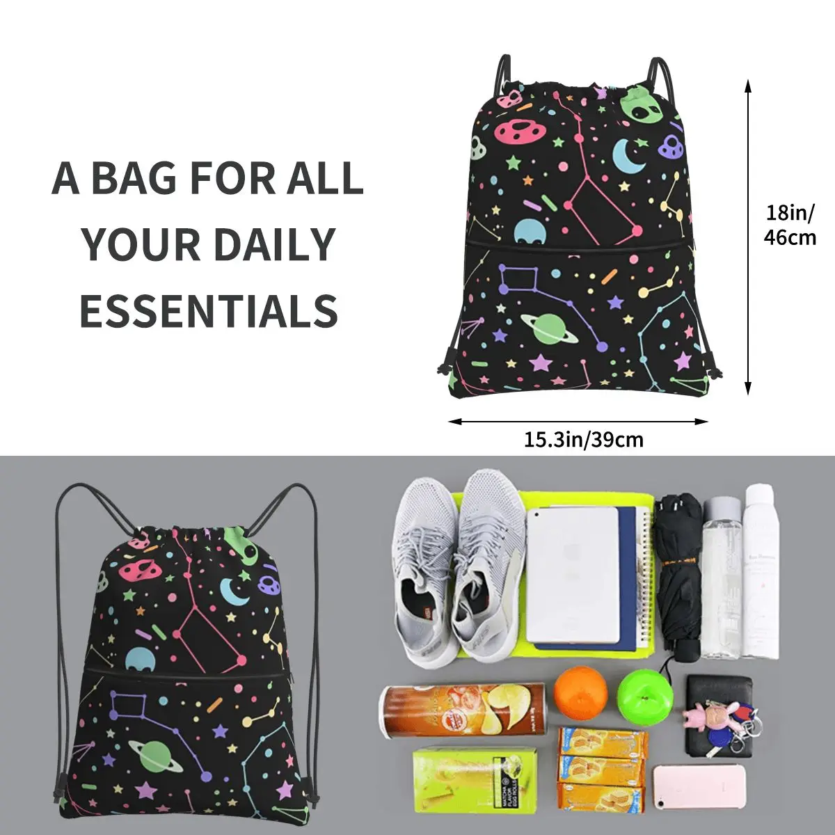 Night Sky Constellations With UFOs Portable Backpacks Drawstring Bag Drawstring Bundle Pocket Sundries Bags For School Students