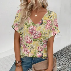 New Fashion Art Flower Print Women's Casual Top 2024 Summer Daily Personality Street Short Sleeve Comfortable V-neck T-shirt