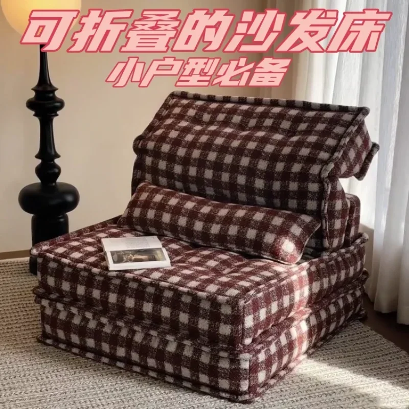 Classic single folding sofa bed, living room, black and red plaid sofa, tofu block, mahjong sofa, a must for the study