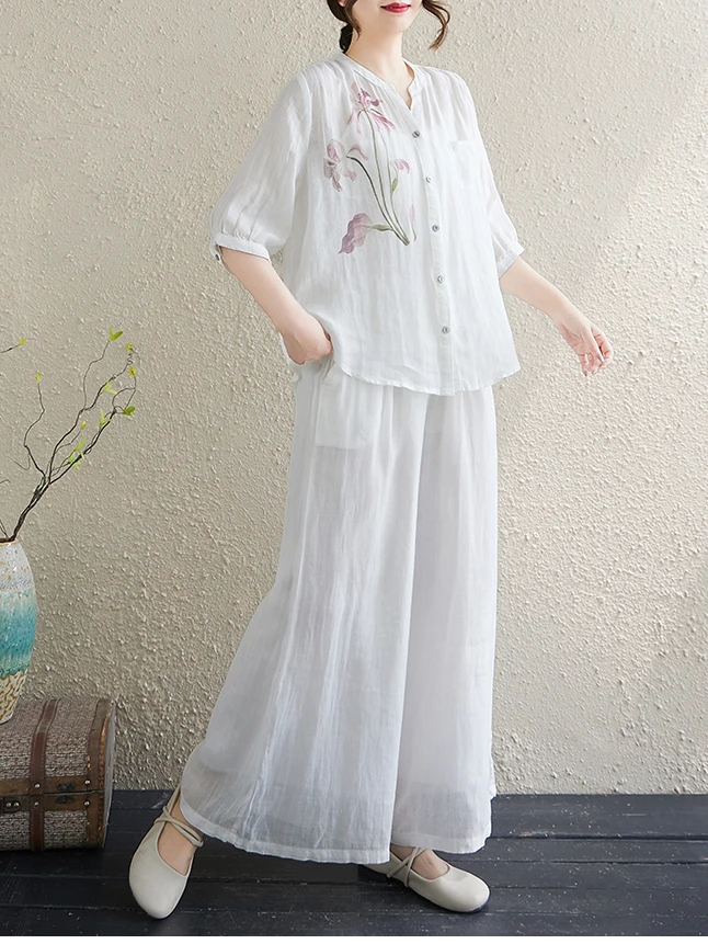 

Элегантный комплект из хлопка и льна с вышивкой: женские свободные брюки с широкими штанинами и рубашка, модный костюм-двойка для весны и лета