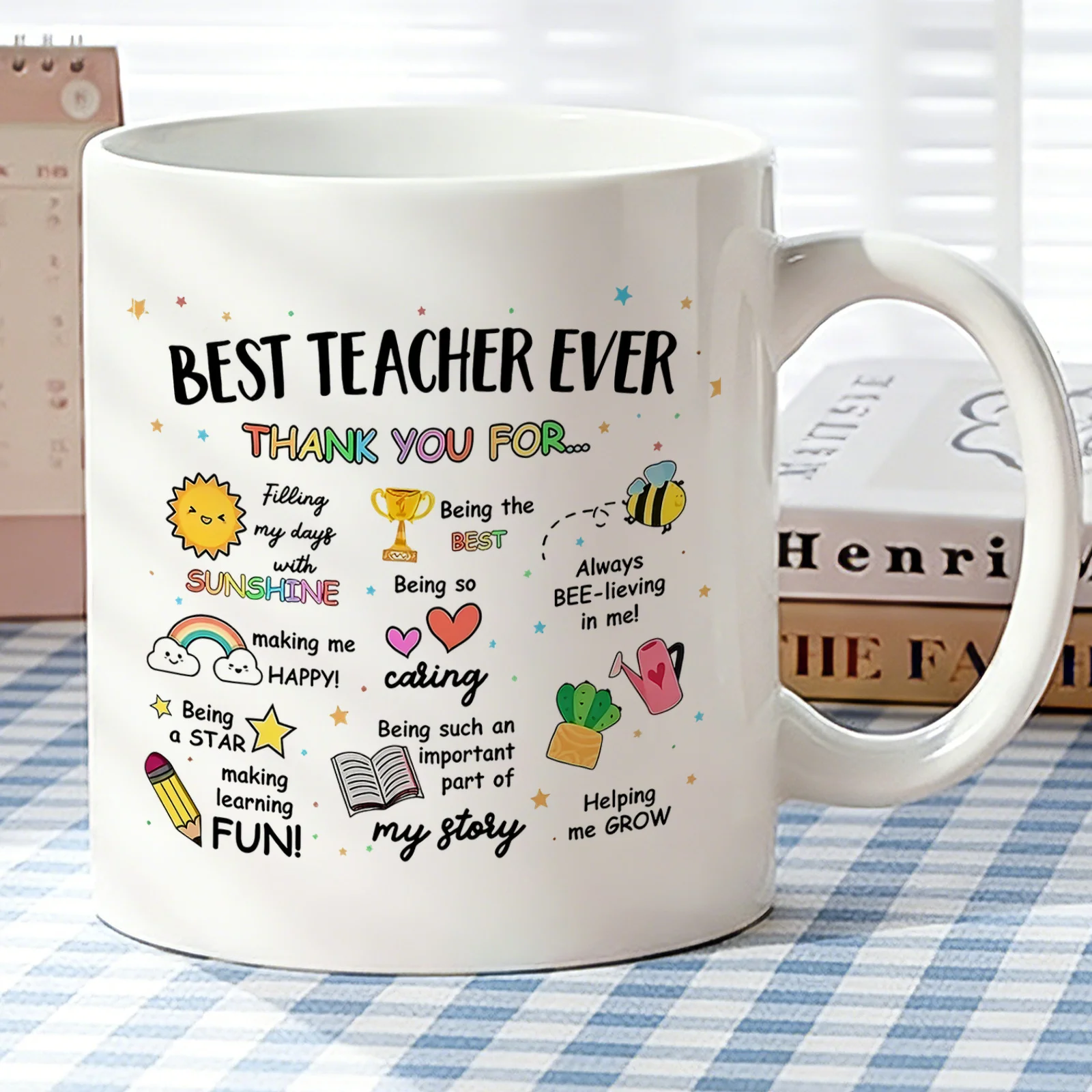 1pc Best Teacher Ever Thank You Coffee Mug- Teacher Appreciation Cup With Colorful Quotes& Rim Suitable For Teacher Gifts - view 6