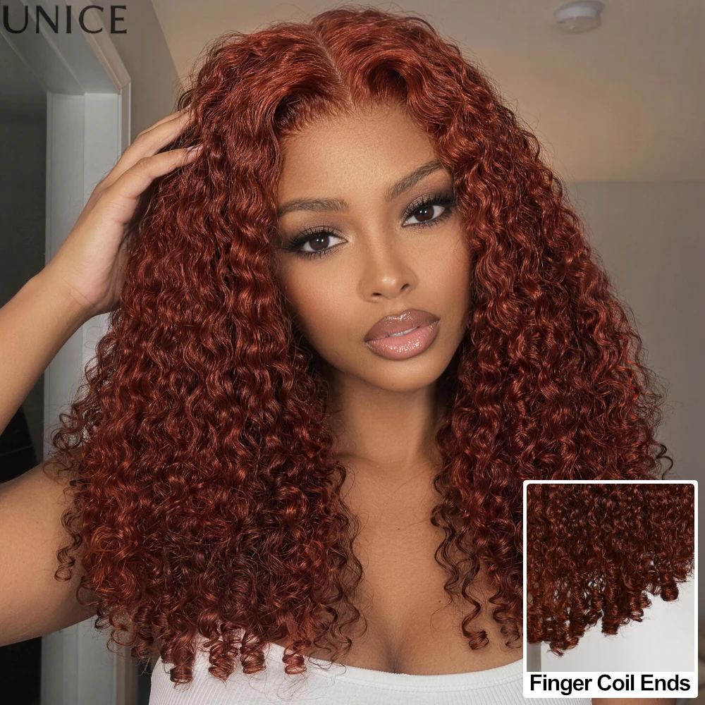 UNice Bye-Bye Slip 7x5 Lace Reddish Brown Burmese Curly Wig With Finger Coil Ends Pre Cut Glueless Wig Human Hair Ready To Go