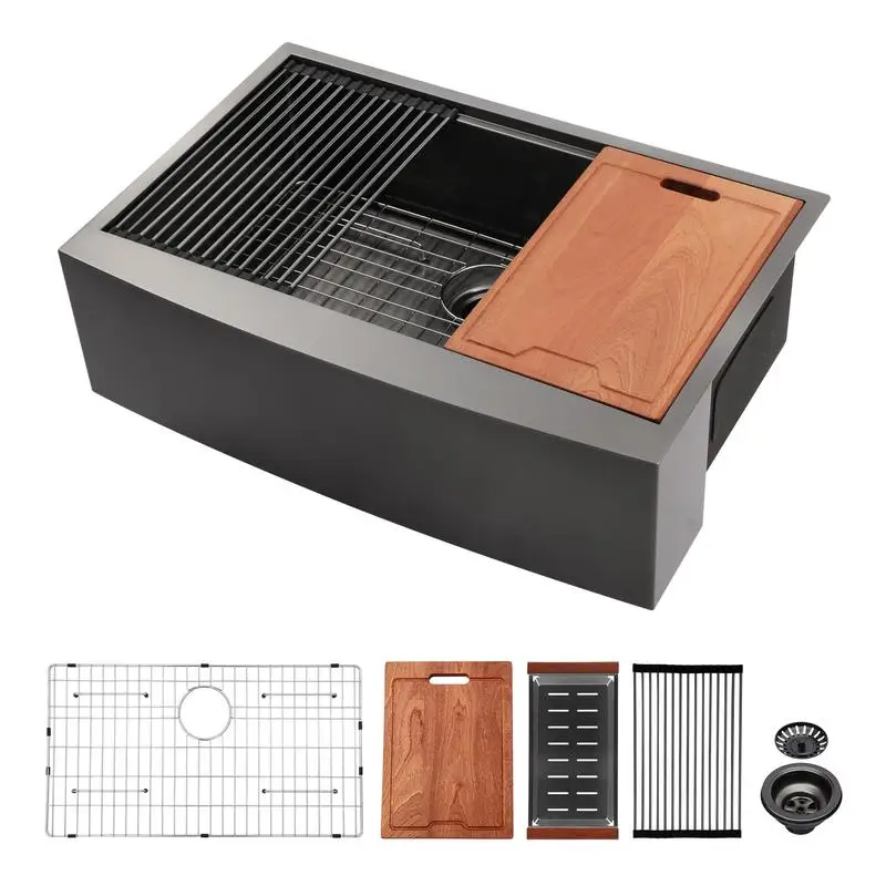 

30 Inch Gunmetal Black Stainless Steel Farmhouse Workstation Sink - 16 Gauge Apron Front Kitchen Sink with Accessories