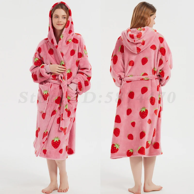 

Strawberry Print Flannel Robe Female Autumn Winter Thick Bathrobe Kimono Gown Loose Coral Fleece Sleepwear Nightgown Home Wear