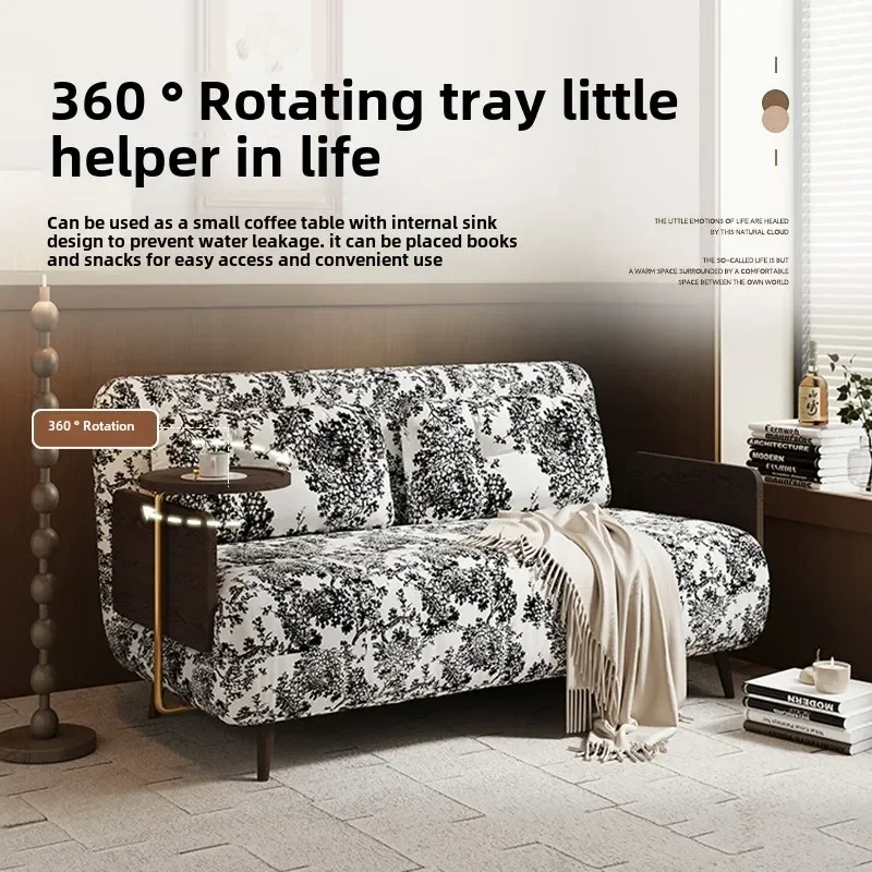 

Retro solid wood folding sofa bed single double dual-purpose small apartment living room fabric removable and washable sofa