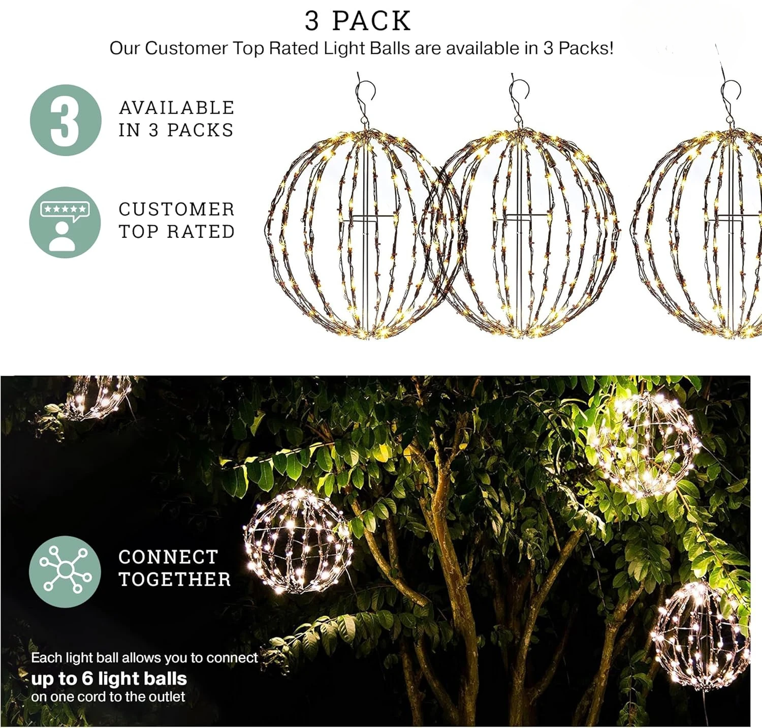 3 Pack Outdoor/Indoor LED Christmas Light Balls. Durable, Waterproof, Long-lasting, Lightweight Bright Light Ball.