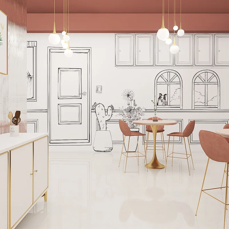 Customized product Hand drawn black white cartoon mural milk tea shop flower dessert store changing room background wallpaper 3d