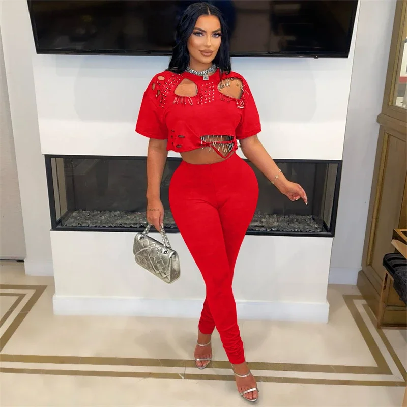 Ripped Hole Streetwear Two Piece Outfits Women Short Sleeve O-neck Pin T-shirt Crop Top and Pencil Pants Hip Hop Mathcing Sets