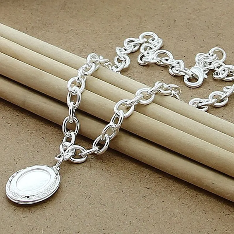 

925 Sterling Silver Oval Photo Frame Pendant Necklace 18 Inch Chain For Women Wedding Engagement Fashion Jewelry